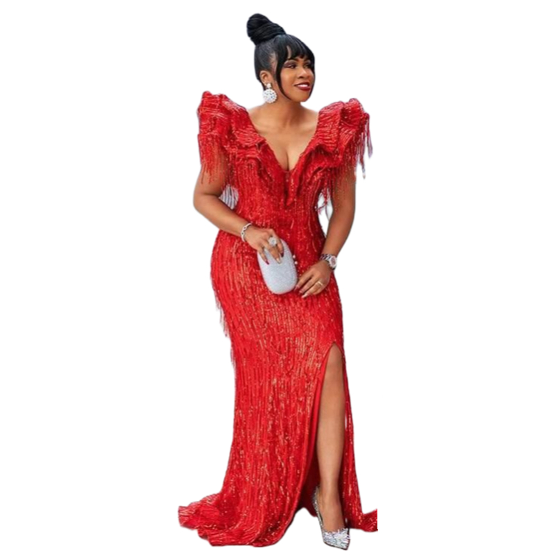 Glitter Red Sequined Mermaid Evening Dresses Sexy Side Split Ruffle V-Neck Special Occasion Dress Sparkly Black Girls Tassel Prom Gown 2024 Celebrity 