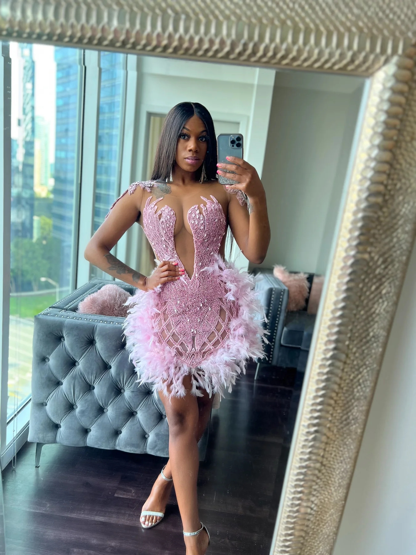Sexy Pink Feather Crystals Short Prom Dresses For Black Girls See Through African American Cocktail Dresses Birthday Party Homecoming Gowns J012
