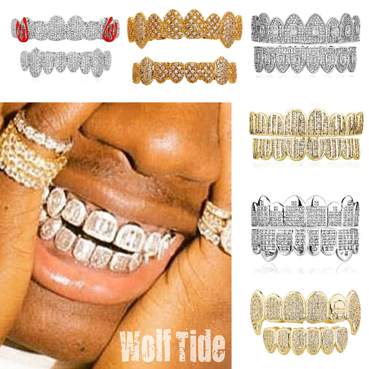 Bling Cubic Zirconia Skull Teeth Fang Grillz 18K Real Gold Punk Hip Hop Full Diamond Grills Brace Tooth Cap Rapper Body Jewelry for Cosplay Halloween 