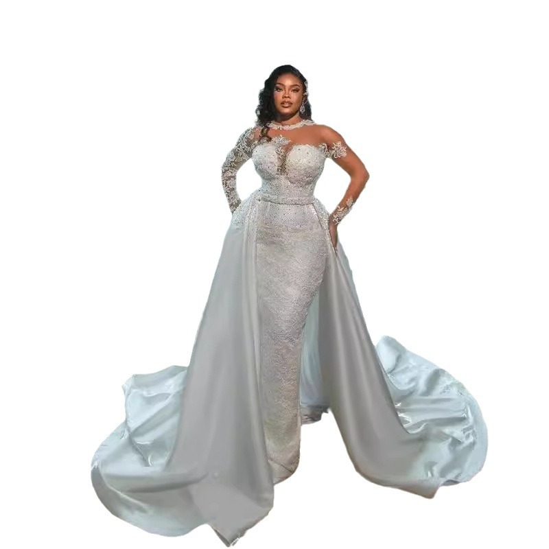 Mermaid African Wedding Dress With Detachable Train O Neck Long Illusion Sleeves Lace Appliques Bride Gown Vestidos De Novia Custom Made