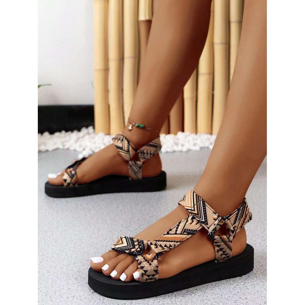 Oversized Women S Printed Flat Spring Summer New Thin Soled Ethnic Style Velcro Beach Sandals Ddmysaturn