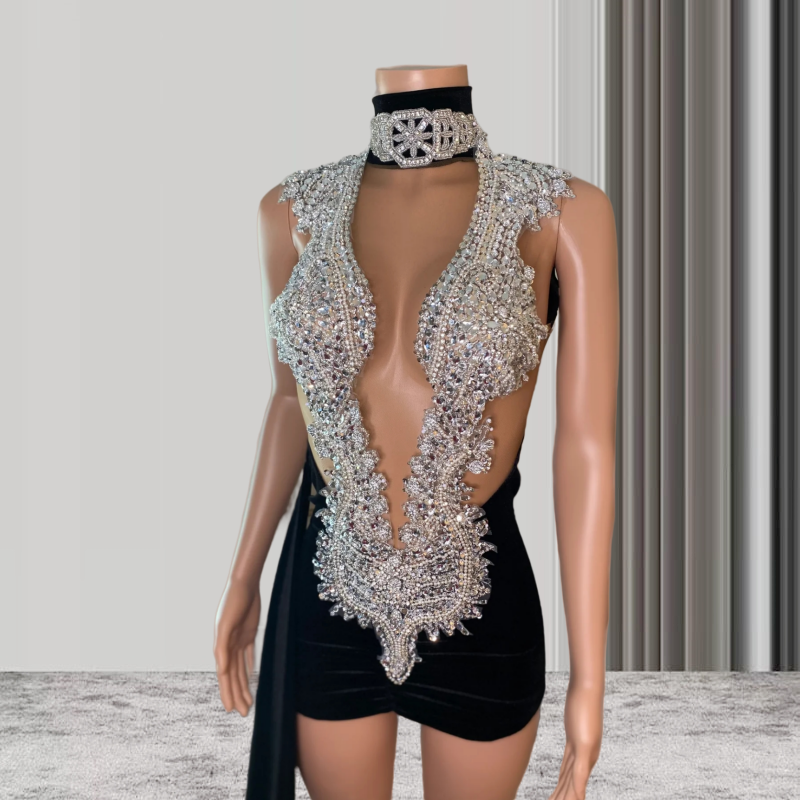 Black Velvet Sheer Crystals Short Prom Dresses For Black Girls Long Sleeves African American Cocktail Dresses Birthday Party Homecoming Gowns