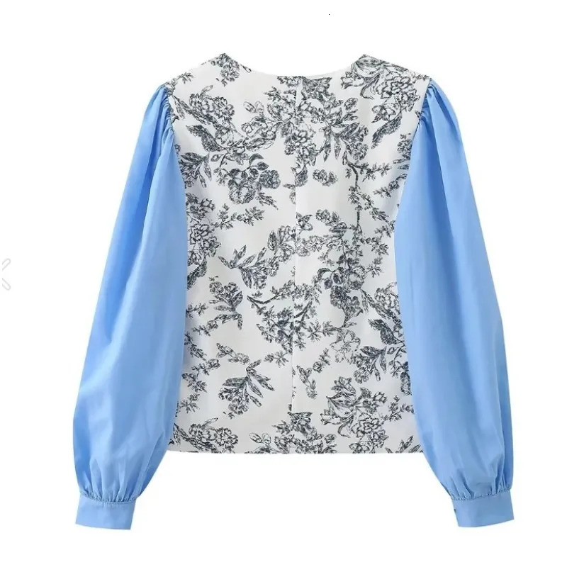Women Floral Printed Lantern Sleeves Patchwork Shirt Casual Sex V Neck Jacket Clothing With Knot Button Spring Summer 240617