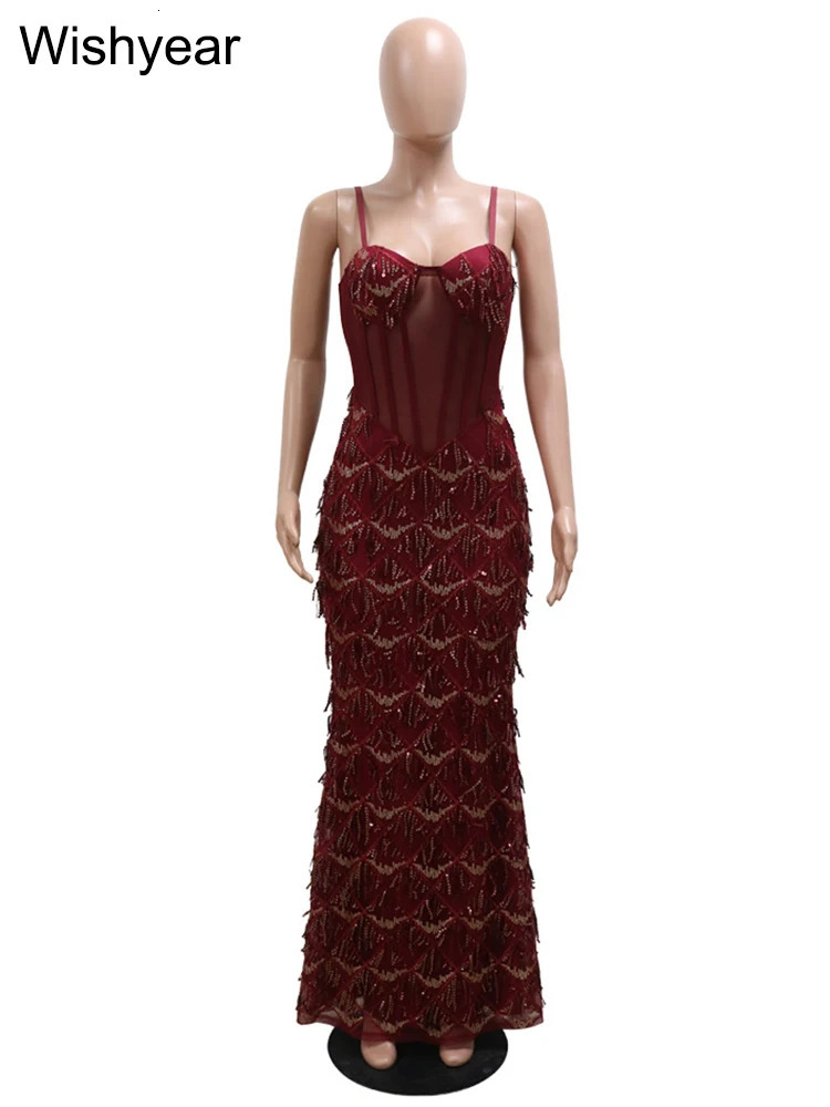 Sexy Nightclub Birthday Party Dresses for Women - Sequined Spaghetti Strap Mesh Patchwork Bodycon Maxi Vestidos C260312