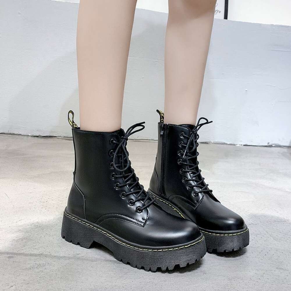 Soled Hole Thick Martin For Women With British Style Side Zipper Sponge Sole Trend High Top Lace Up Short Boots Ddmysaturn
