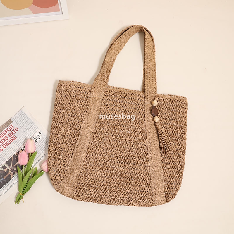 High quality women's designer woven solid color versatile large capacity practical lightweight one shoulder grass woven bag vacation beach bag ve