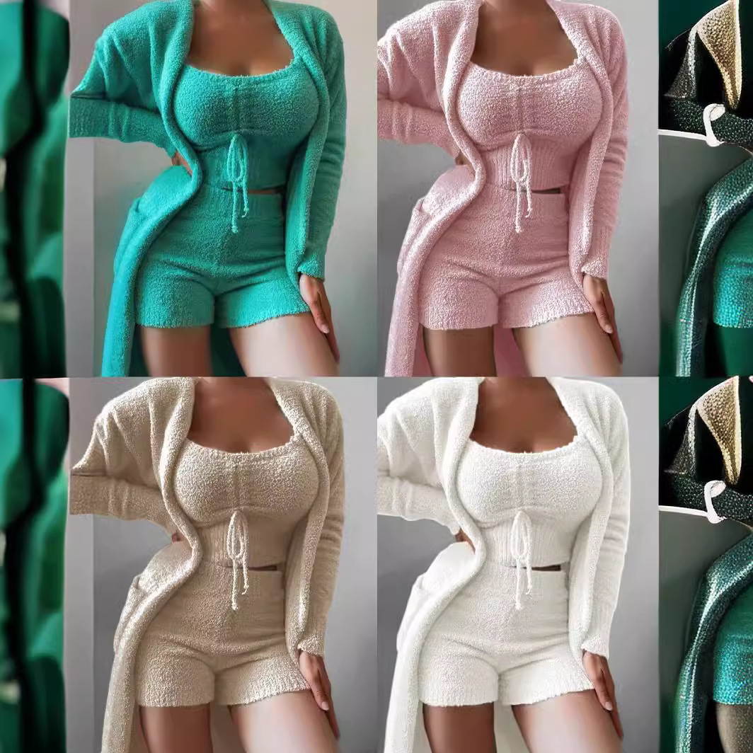 Two Piece Set Women Autumn Winter Solid Velvet Long Sleeve Crop Tops & Drawstring Pants Sets Sexy Outfits for Sweat Suits 210520