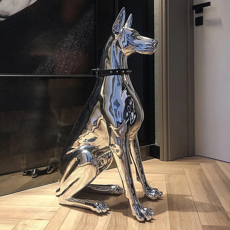 Home Decor Watchdog Chrome Sculpture Doberman Dog Small Size Art Animal Statues Figurine Room Garden Doorway 240619