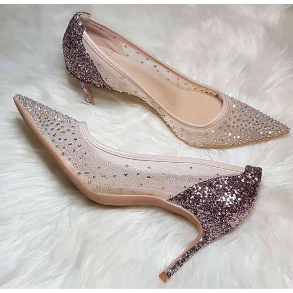 Fashion single shoe pointed sequin rhinestone slim women's mesh high heels wedding 8cm shoes