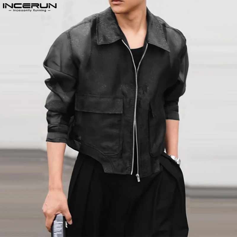 Men Irregular Jackets Mesh Transparent Zipper Lapel Long Sleeve Crop Coats Men Streetwear Solid Stylish Jackets INCERUN 240615