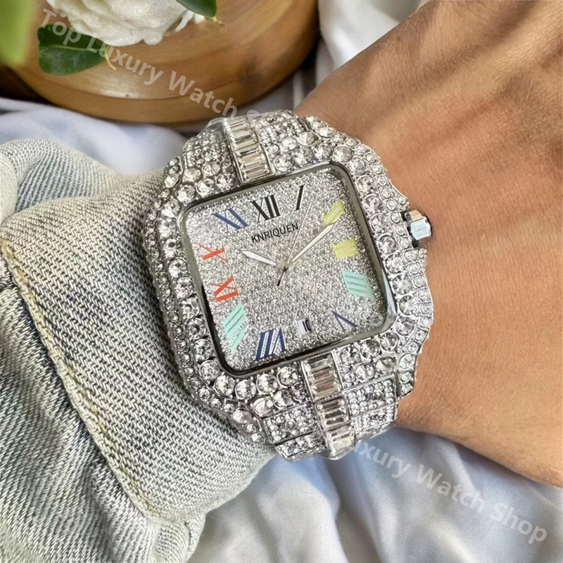 Hot Trendy Full Diamonds Luxury Watches for Men Quartz Wristwatch Movement Fashion Automatic Date Steel Strap Daily Waterproof Classic Square Male Clocks