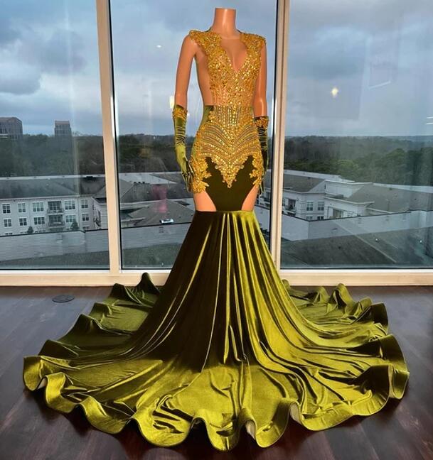 Green Velvet Women Sexy Long Prom Dresses For Black Girls Mermaid Sheer Luxury Diamond African American Prom Gowns Evening Gala Party Dresses