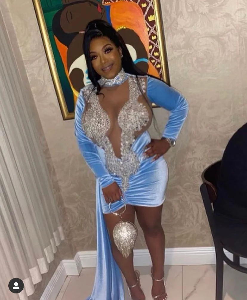 Blue Velvet Sheer Crystals Short Prom Dresses For Black Girls Long Sleeves African American Cocktail Dresses Birthday Party Homecoming Gowns
