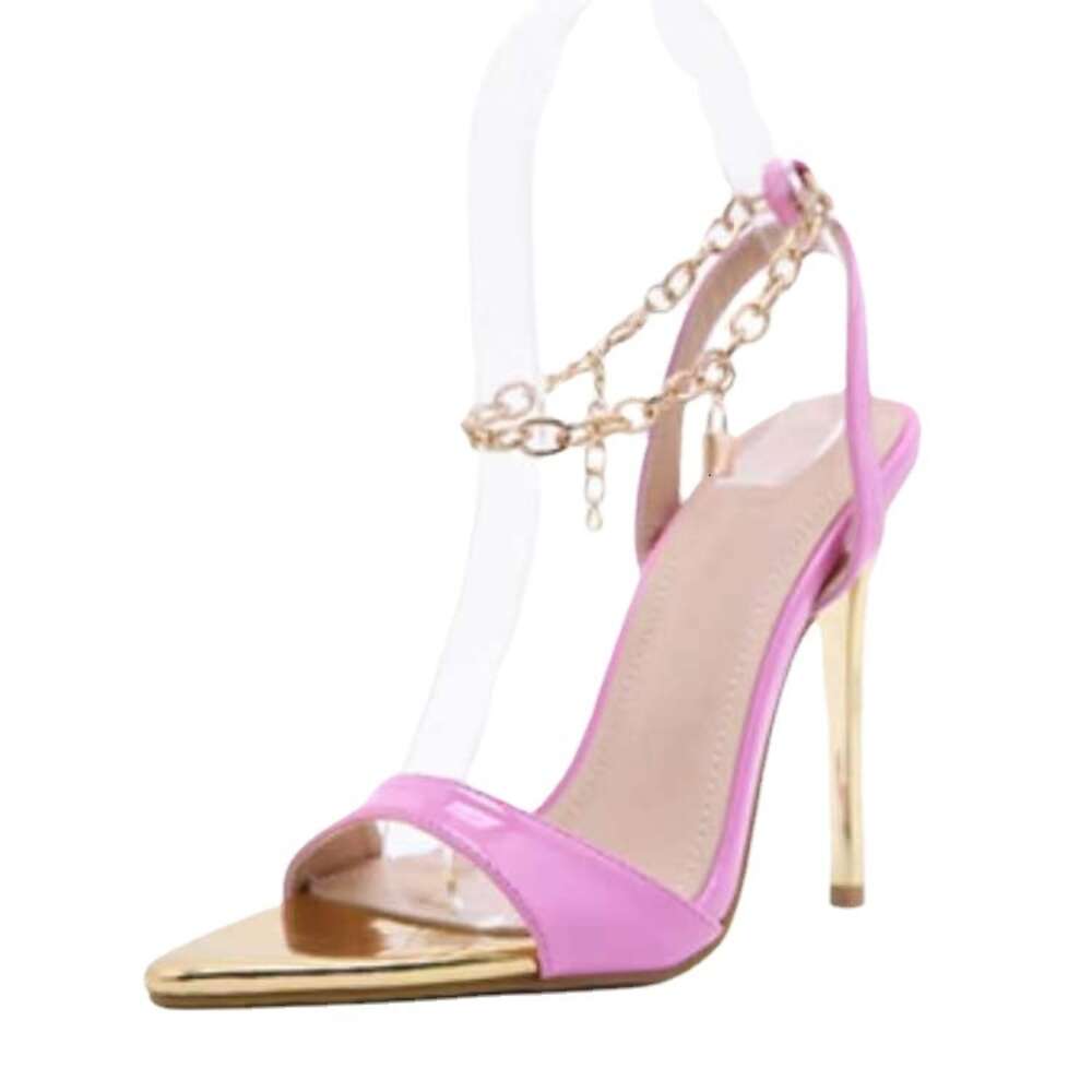 New Large Size Women S Shoes Candy Colored Pointed Thin High Heels Fashionable Sandals Metal Chain Ddmysaturn
