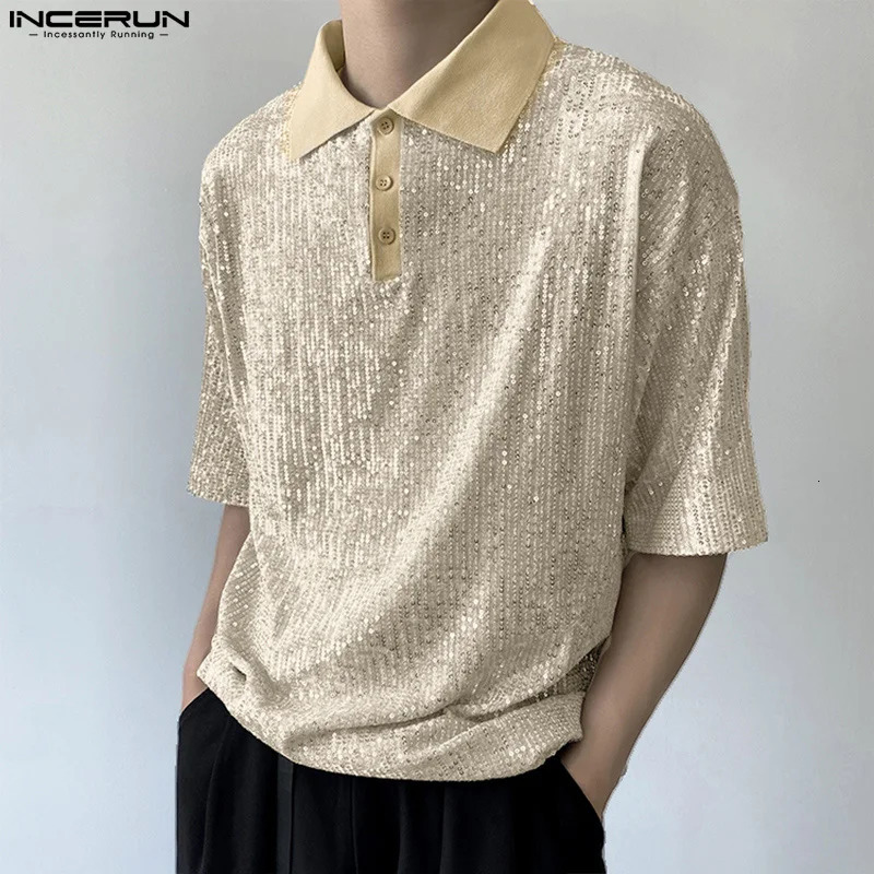 INCERUN Casual Mens Lapel Sequin Blouse Stylish Well Fitting Party Short Sleeve Button Shirts S-5XL INCERUN Tops 240615