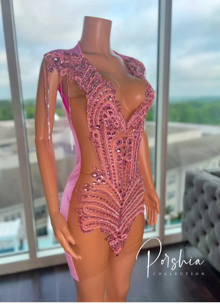 Sexy Sheer Pink Crystals Short Prom Dresses For Black Girls See Through African American Cocktail Dresses Birthday Party Homecoming Gowns