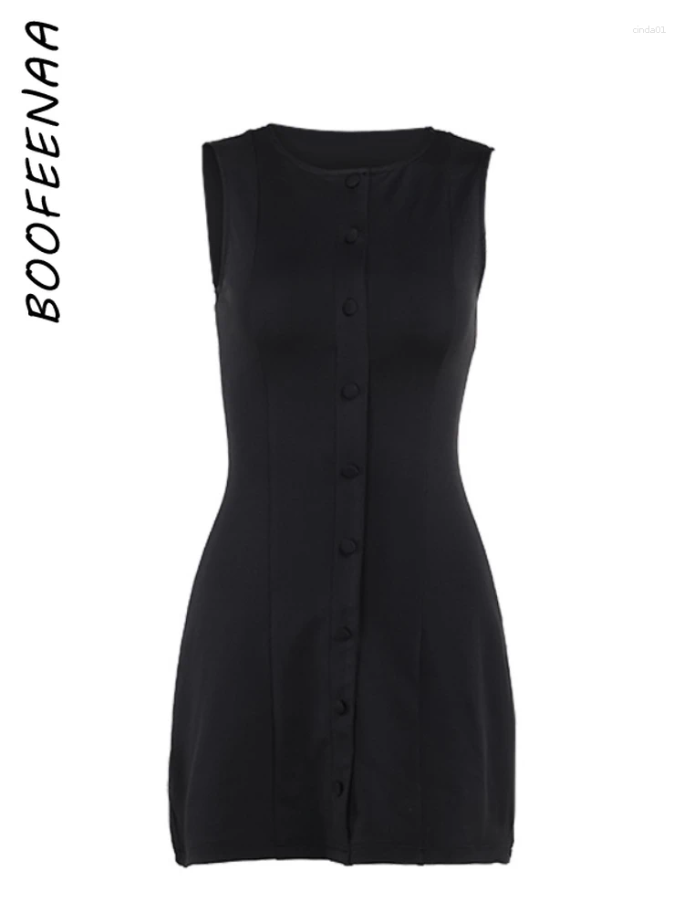 Casual Dresses BOOFEENAA Womens Fashion Button Up Sleeveless Mini Red Black Summer Dress Elegant Clothes C69-CH22 AAA Discount for in-store purchases