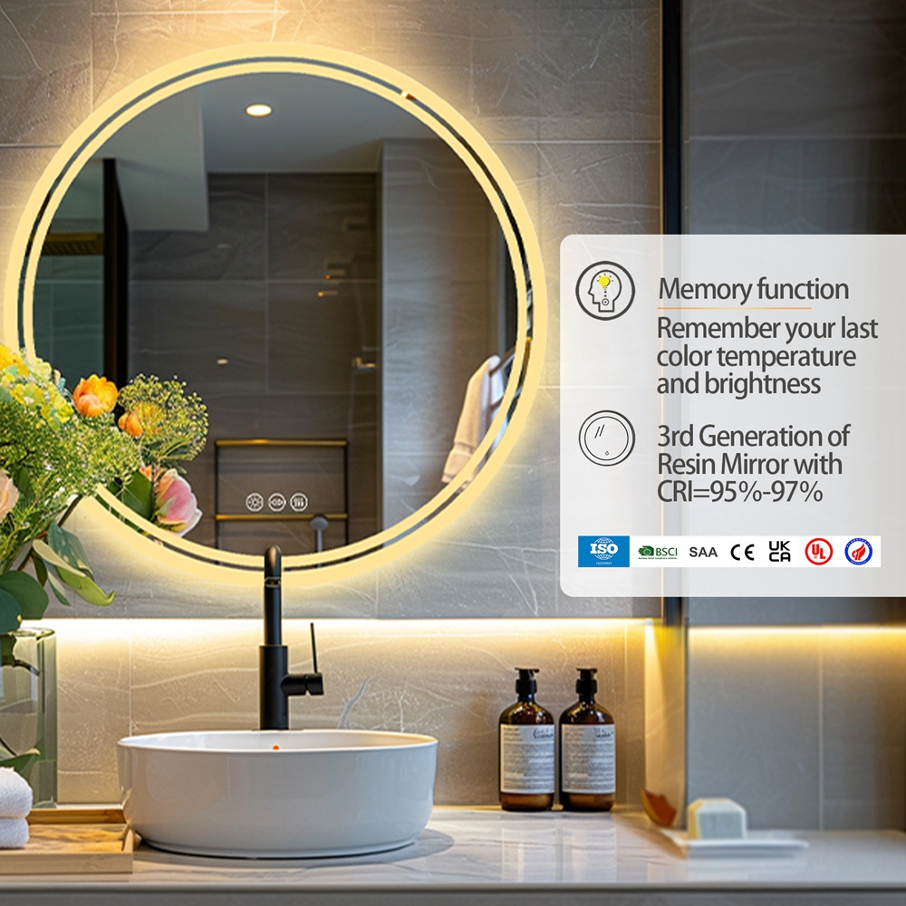 LUVODI 600 x 600 Round Illuminated Bathroom Wall Mirror with Demister Led Lights Dimmable Makeup Mirror for Bathroom Renovation