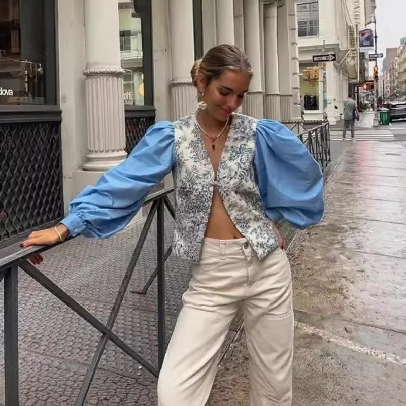 Women Floral Printed Lantern Sleeves Patchwork Shirt Casual Sex V Neck Jacket Clothing With Knot Button Spring Summer 240617