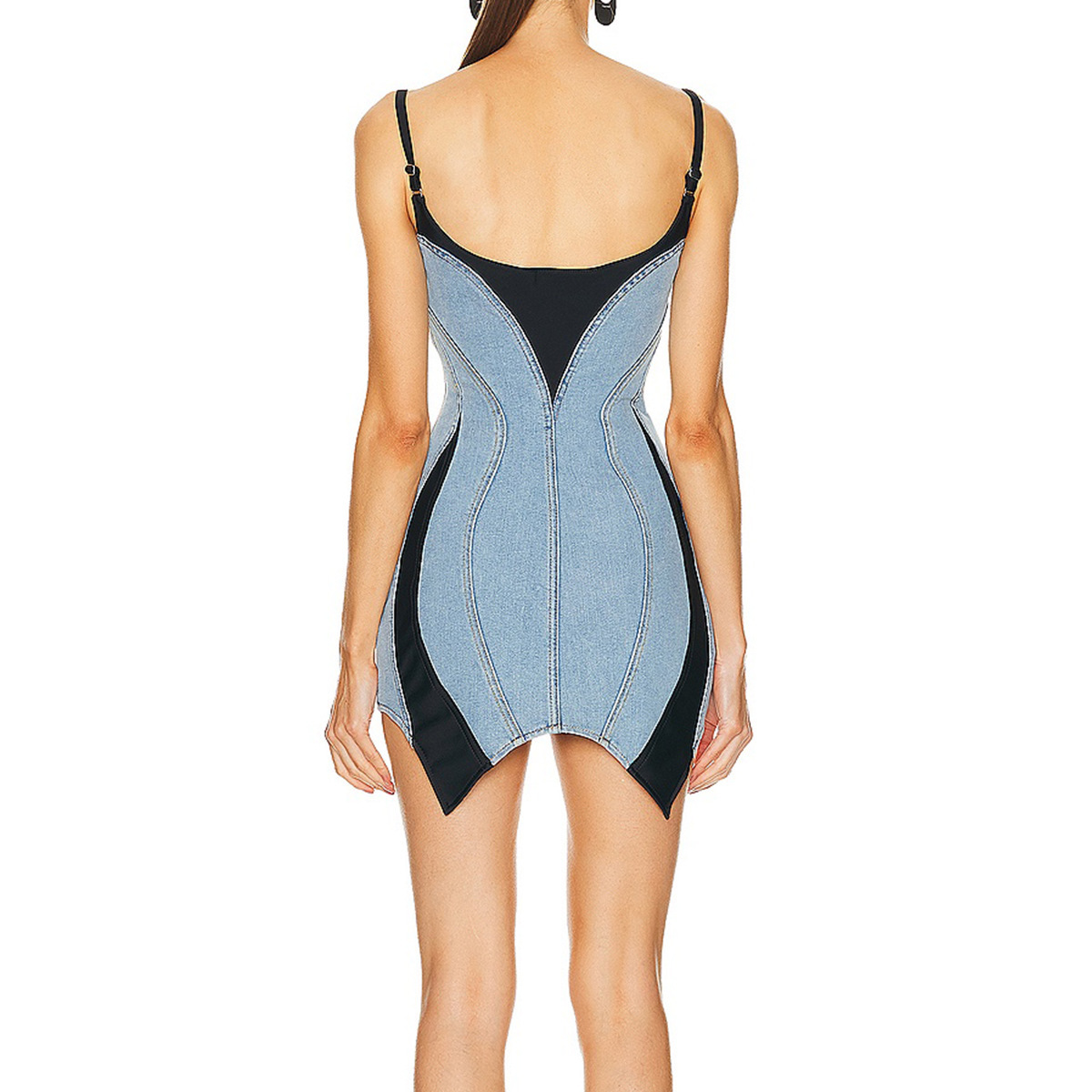 DEAT New Fashion Womens Patchwork Elastic Denim Sling Dress 2024 Spring Trendy Sleeveless Wrap Hip Dresses Female