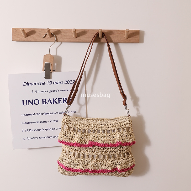 European and American women's high-end and convenient crossbody lace ruffle edge lightweight summer colorful grass bag woven bag beach vacation b