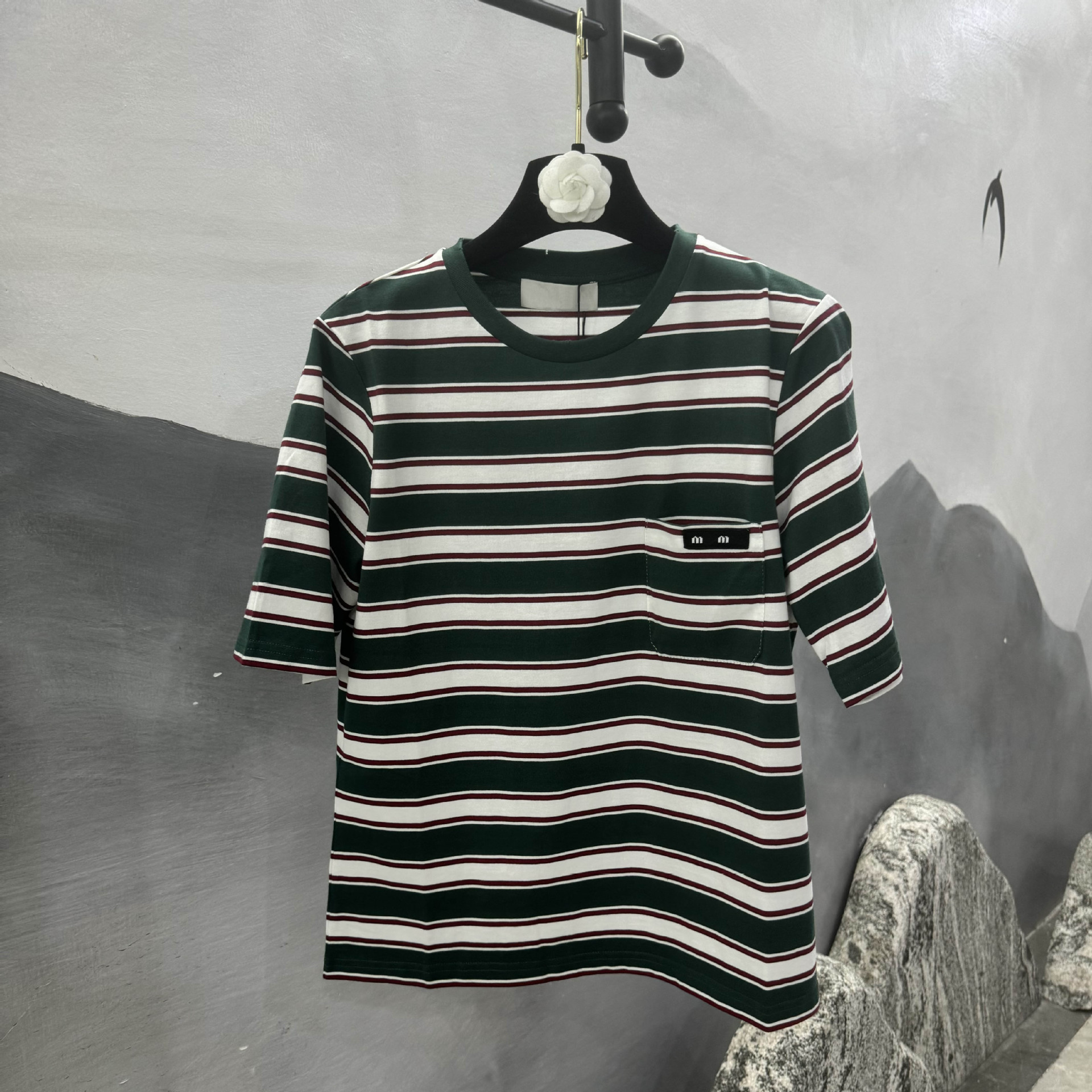 2024 Spring And Summer New Women Letter Embroidery Contrast Stripes Loose Round Neck Long Sleeve Casual T-Shirt