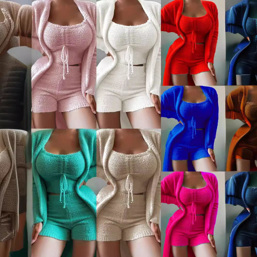 Two Piece Set Women Autumn Winter Solid Velvet Long Sleeve Crop Tops & Drawstring Pants Sets Sexy Outfits for Sweat Suits 210520