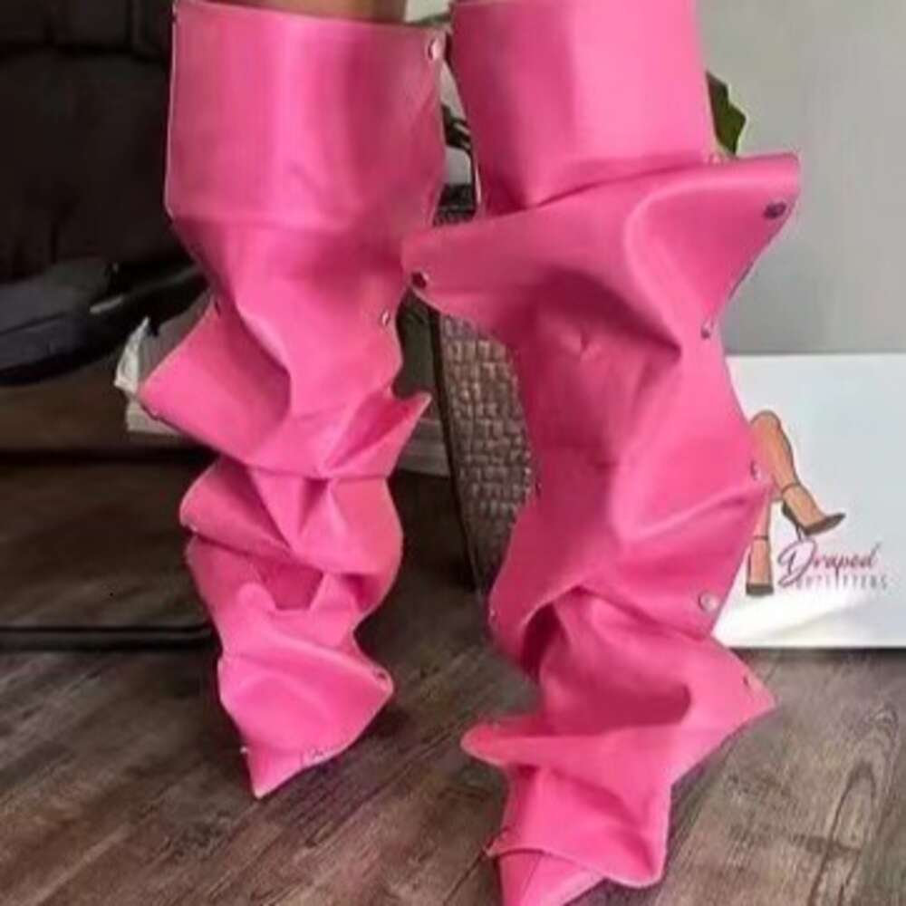 Heeled New High Pointed Metal Rivet Denim Patchwork Casual Two Wear Pile Up Knee Length Boots Ddmysaturn