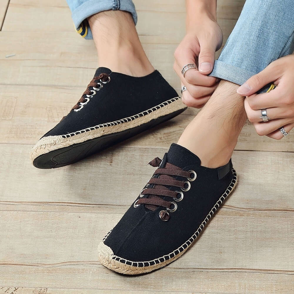 Autumn Spring And New Linen Canvas Men S Hemp Rope Lace Up Flat Bottom Grass Weaving Fisherman One Step Lazy Single Shoes Women Ddmysaturn