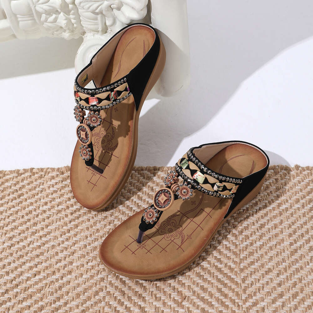 Women Bohemian Style S Shoes Summer Fashion Beach Flat Bottomed Slippers Beaded Sandals Ddmysaturn
