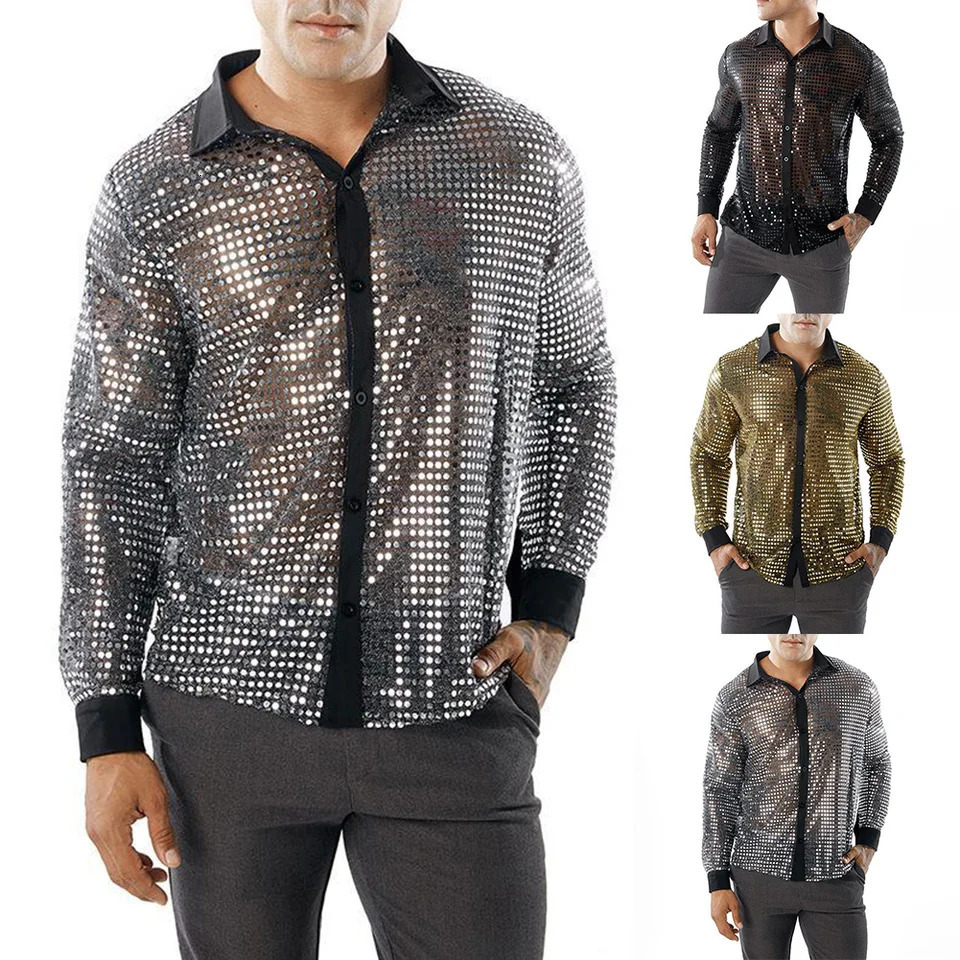 Mens Sparkly Sequins Party Dance Shirts Fashion Lapel Collar Long Sleeve Retro 70s Disco Stage Shirt Tops Mens Clothing 240615