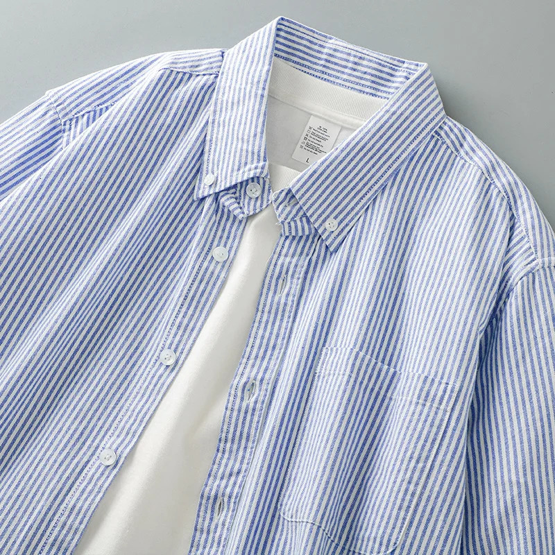 DUKEEN Mens Casual Tops Striped Shirt Loose Top Cotton Cardigan Spring and Autumn Long-Sleeved Shirts 240615