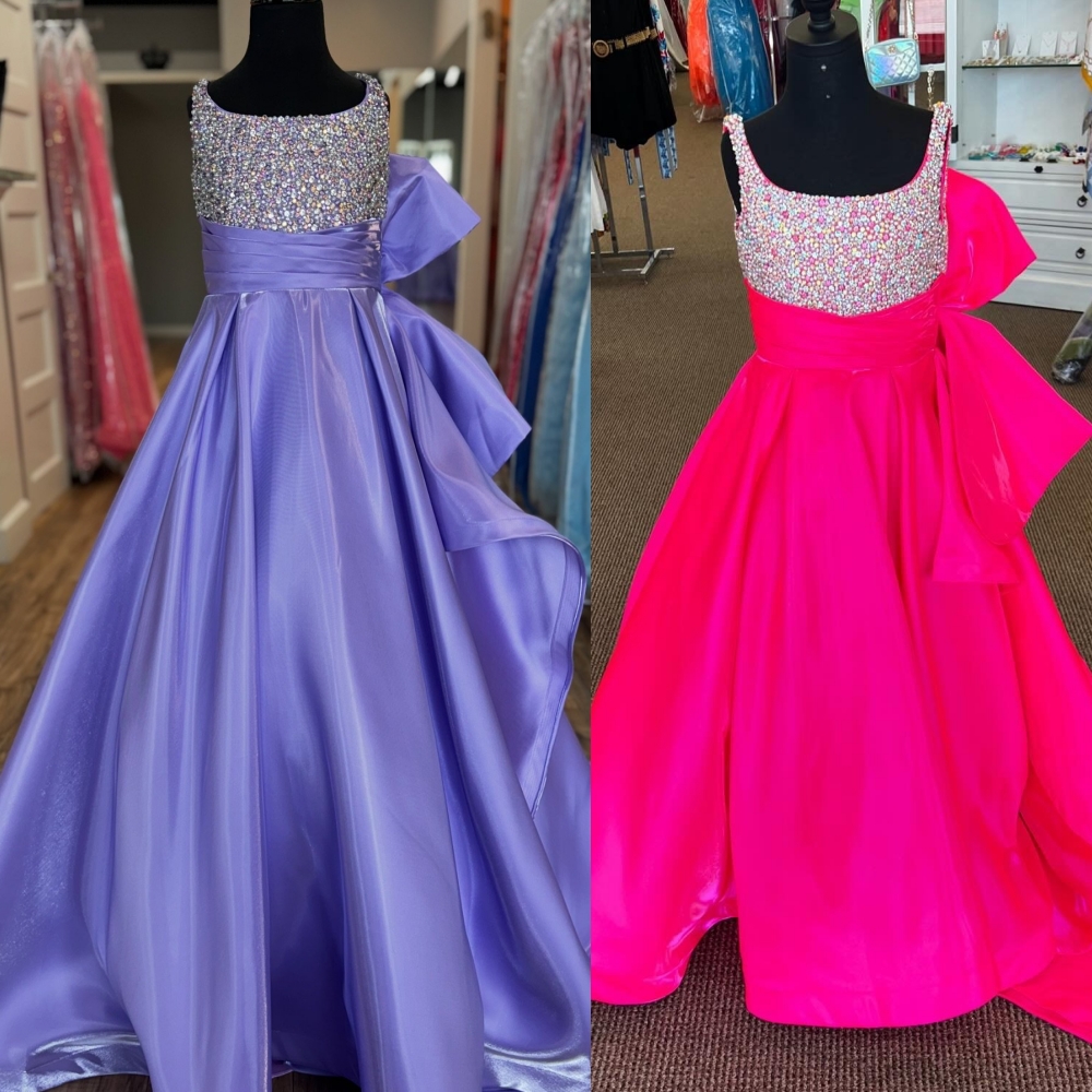 Purple Girl Pageant Dress Big Bow Rhinestones Beading Shimmering Satin A-Line Little Kid Birthday Formal Cocktail Party Gown Toddler Teens Preteen Tiny Young Junior