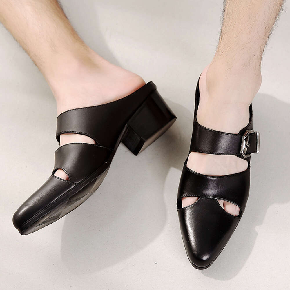 Cowhide Top Layer Foreskin Men S Pointed Half Cool Slippers Hollowed Out Leather Shoes Height Increasing Ddmysaturn