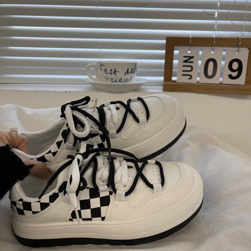 Board Ddmysports Women Student Low Top Plaid Patchwork Round Ead Lace Up Shoes Outdoor