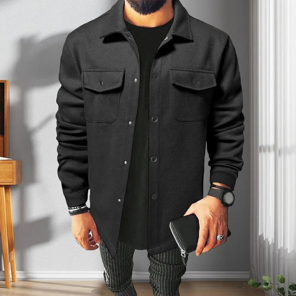 Men Button-down Mens Solid Color Lapel Shirt Jacket Autumn Winter Long Sleeve Casual Coat with Flap Pockets Single 240615