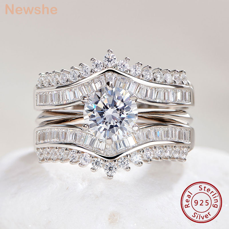 Newshe Genuine 925 Sterling Silver Engagement Ring Sets Enhancer Round Cut AAAAA Cubic Zirconia Wedding Bridal Jewelry for Women