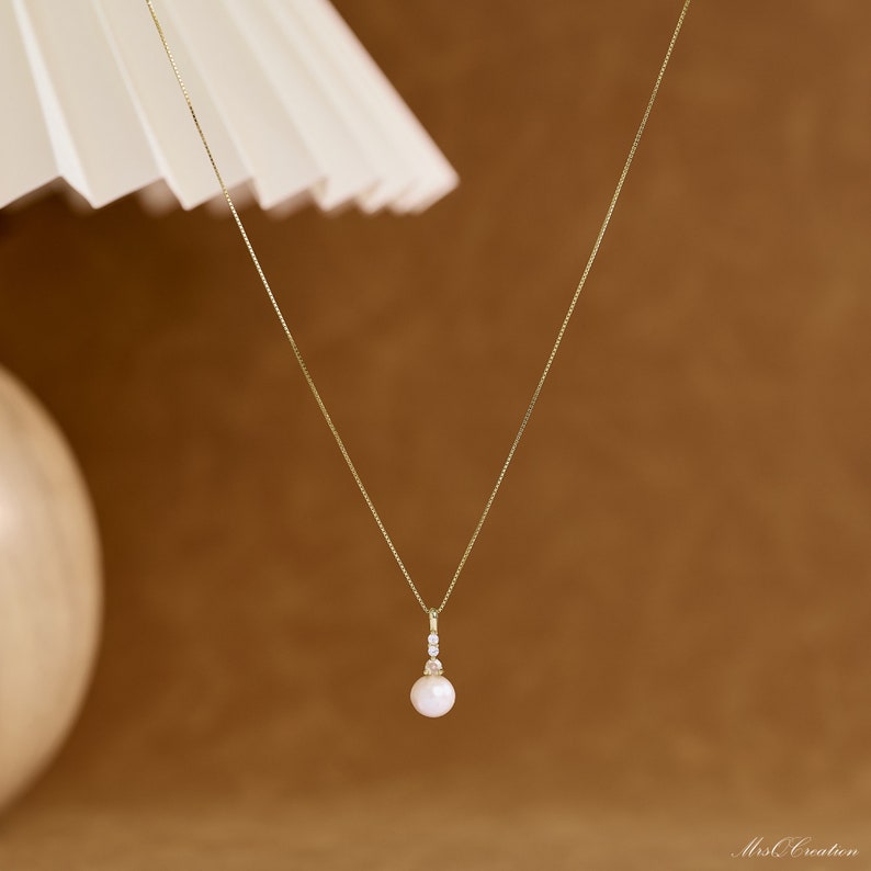 Sterling Silver Pearl Necklace with Diamond, Bridal Wedding Necklace, Mothers Day Gift, Bridesmaid Gift