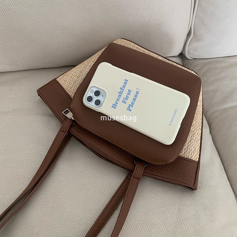 French Women Fashion Retro Large Capacity Vacation Beach Style Leisure and Western Style Versatile Vegetable Basket Single Shoulder Bag Fashion Woven 