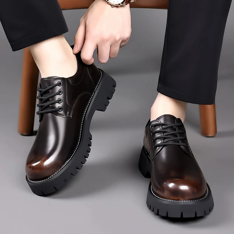 Spring Outdoor Mens Leather Shoes Platform Oxfords Male Derby Shoes Casual Sneakers Mens Lace Up Thick Soled Formal Dress Shoes 240621