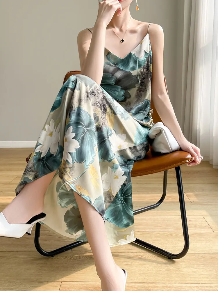Spring and Summer Womens Dress Colorful Flower Suspender Skirt Satin Silky Dress Cool and Comfortable 240618