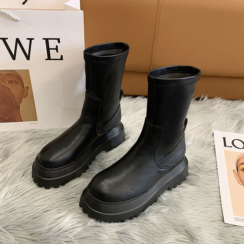 Women's Ladies 2022 Platform Black Mid Calf Boots Pipe Autumn Winter Flat Short Leather Rubber Comfortable 7513