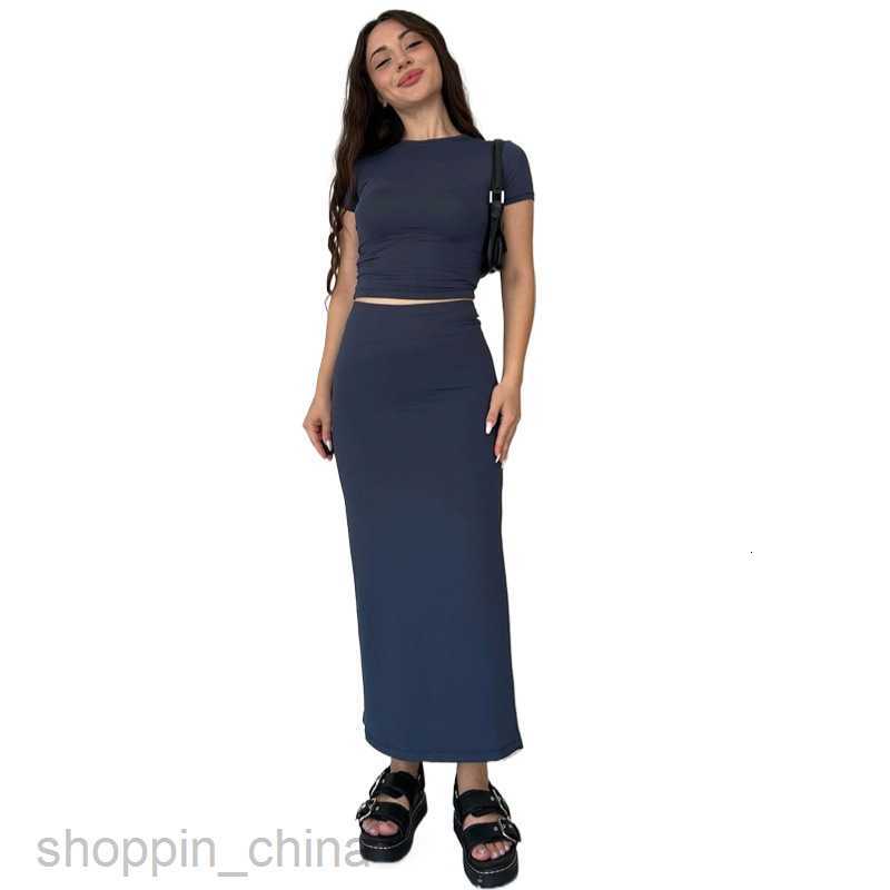 Two Piece Dress Sets Summer New Solid Color Round Neck Short sleeved Top Women Fashion Casual Long Dress Set
