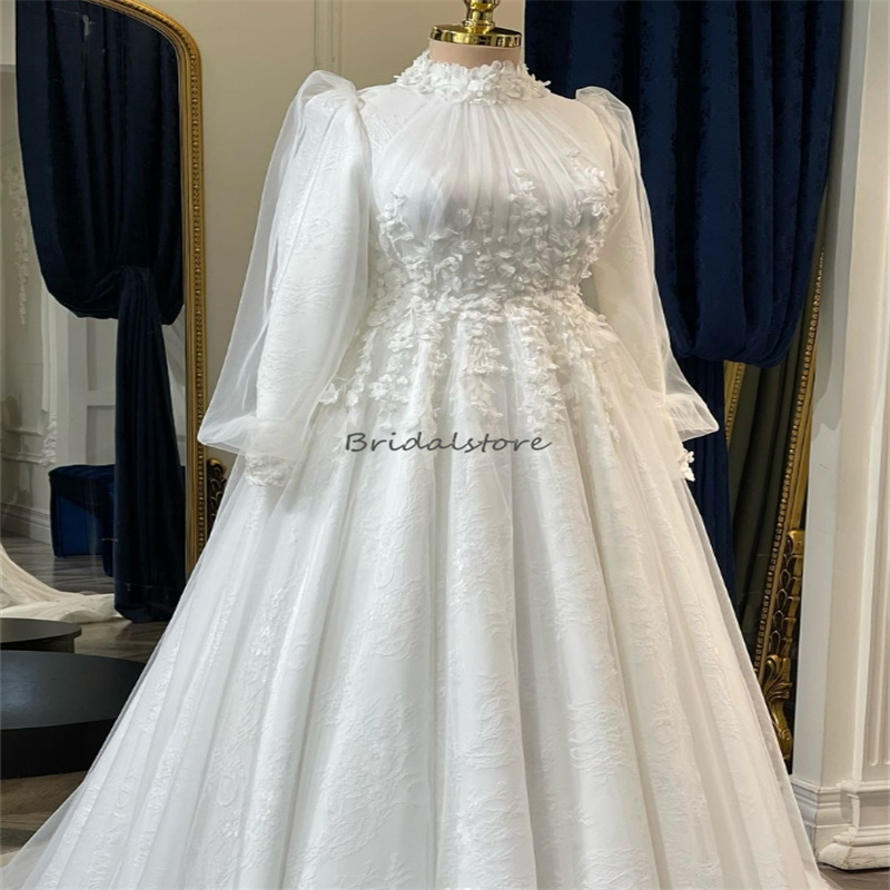 Elegant Arabic Muslim Wedding Dresses 2024 High Neck Appliques Lace Long Sleeve Islamic Bridal Dress Abaya Country Bride Dress Dubai Garden Church Rob