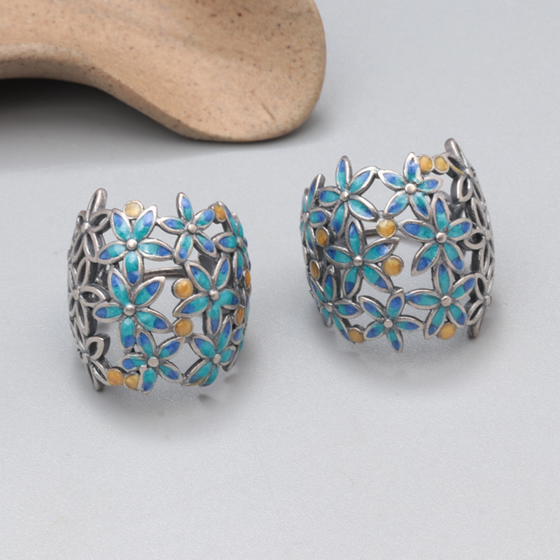 Vintage 925 Sterling Silver Enamel Earrings for Women Girls Ethnic Hollow Flower Cluster Hanging Earrings Original Jewelry EH184