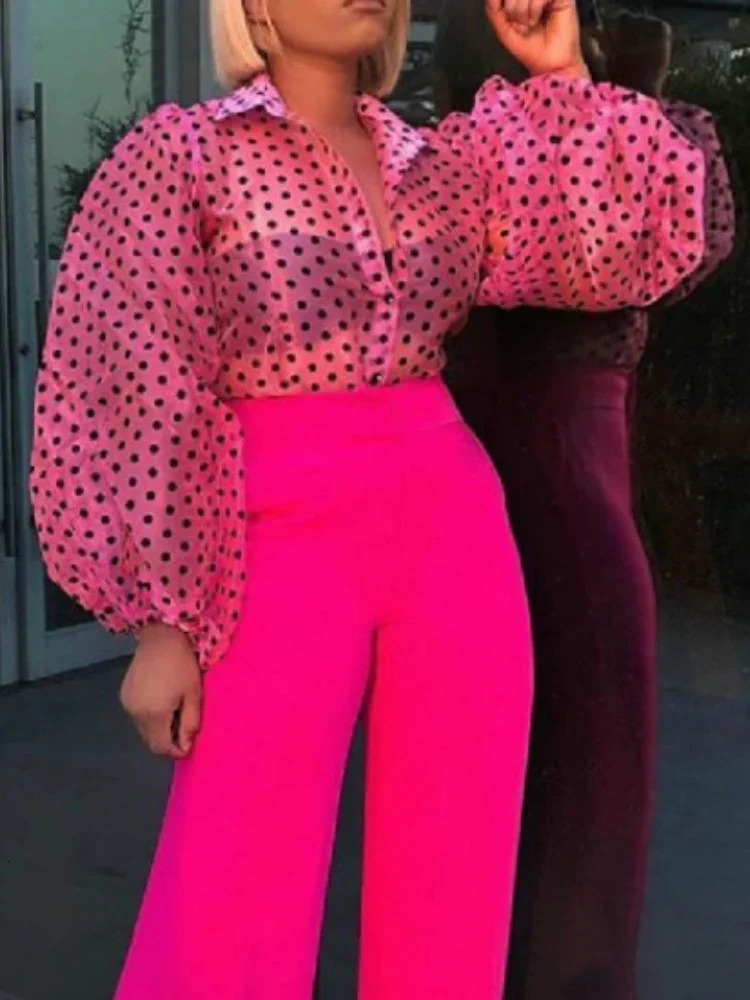 Women Black Tulle Blouses Polka Dots Print Button Down Long Lantern Sleeve Shirt Tops Elegant Classy Plus Size Trendy Club Wear 240617