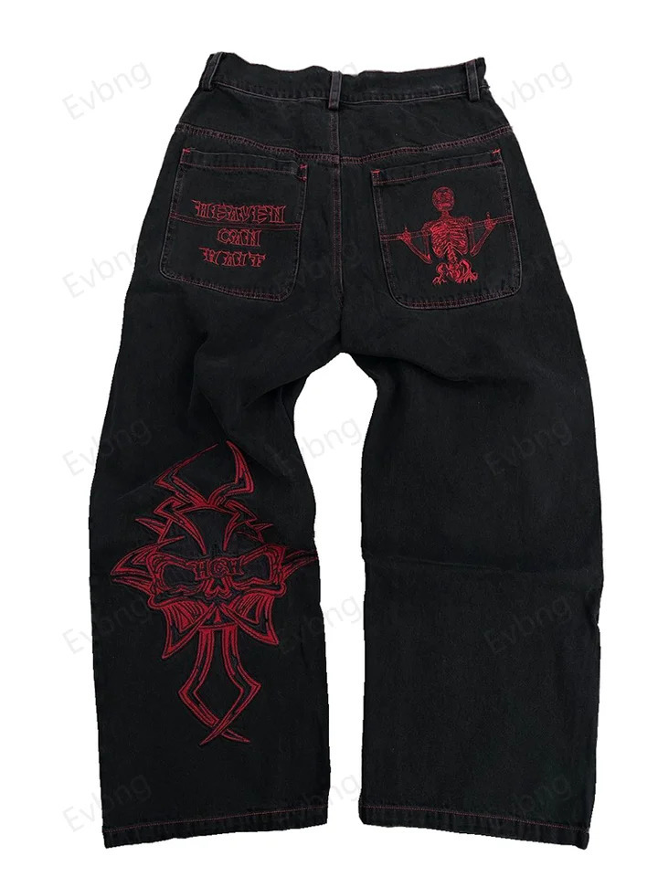 Hip Hop Y2K Jeans Mens Retro Skull Embroidery Washed Womens Denim Pants Straight Casual Loose Wide Leg Trouser Streetwear 240619