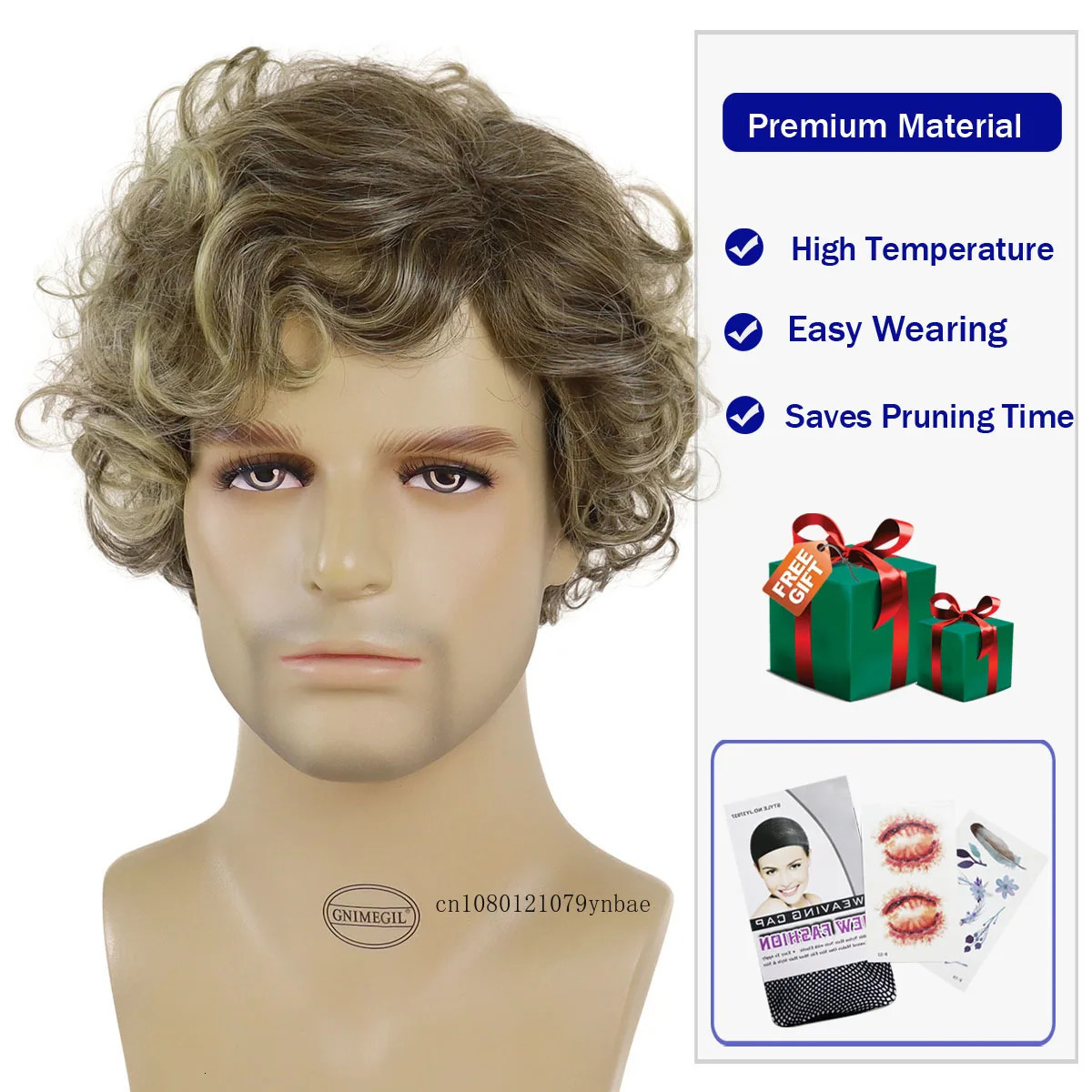 Mens Synthetic Hair Wigs Short Curly Wavy Natural Ombre Brown Wig with Bangs for Male Heat Resistant Fiber Daily Party Costume 240621
