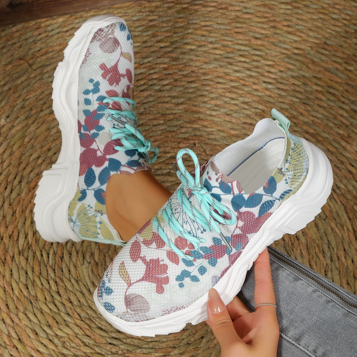 Casual Flower Ddmysports Women Fashion Flat Sole Running Shoes Lace Up Lightweight Mesh Sneakers Outdoor