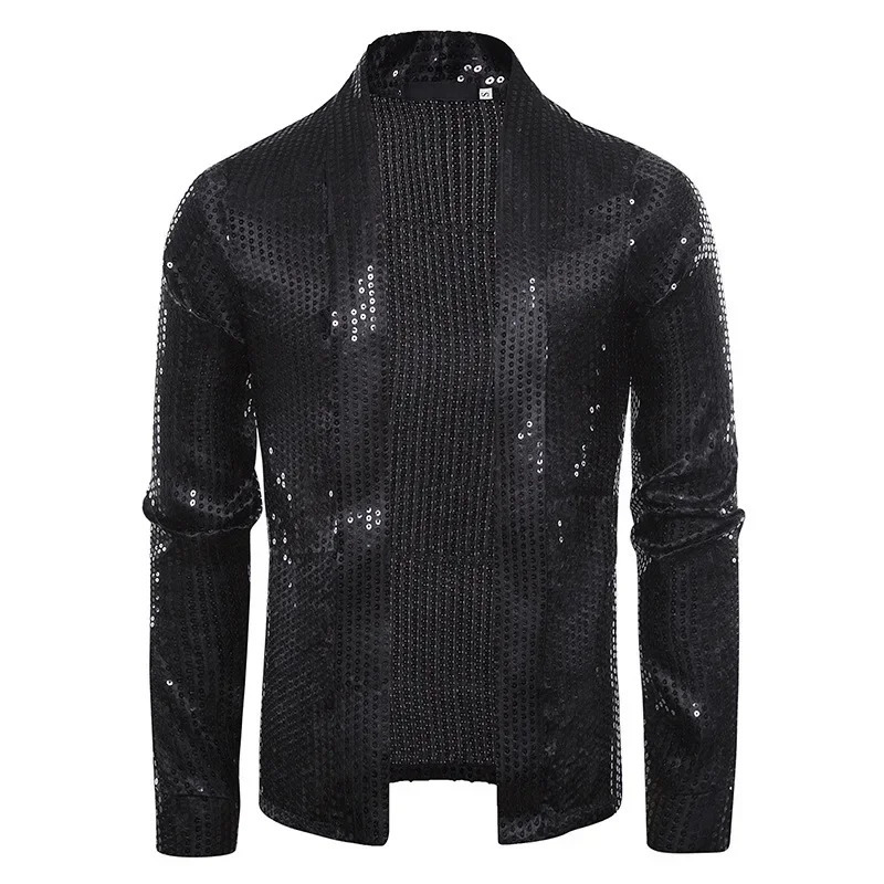 Mens Sequin Buttonless Cardigan Thin Long Sleeved Knit Shirt Mens Performance Wear Large Top 240615